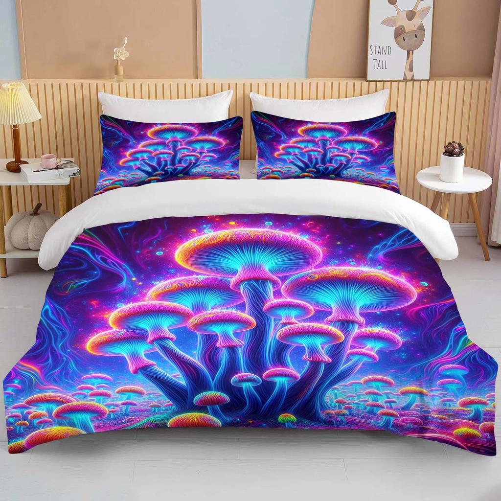 Super Vibrant Neon Psychedelic Mushrooms Print Bedding Set 3PC 1 Duvet Cover 2 Pillowcases Adult and Children Bedding Set Luxury