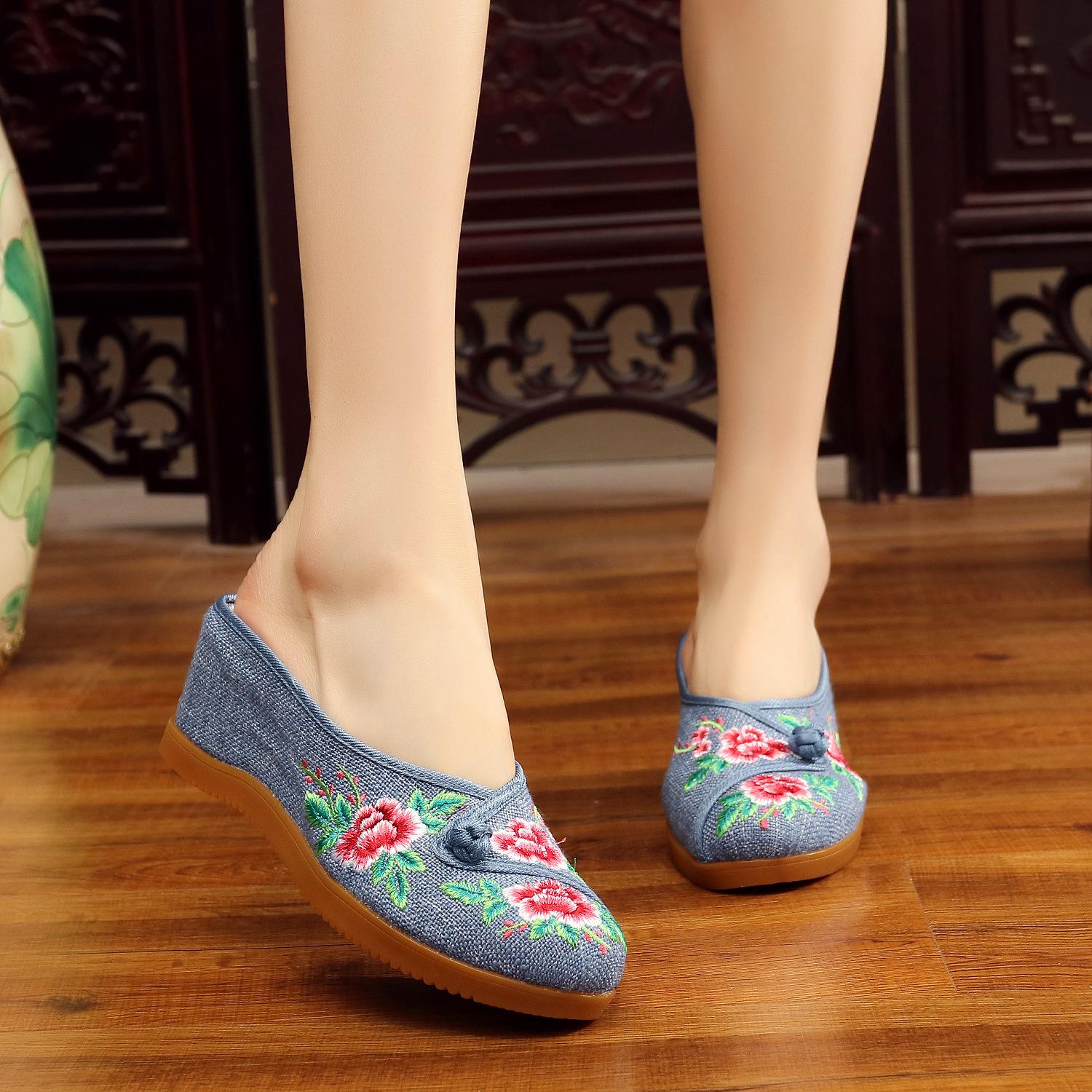 

Элегантные вышитые холщовые тапочки 2020 года с льняным каблуком-танкеткой Size 39 синий