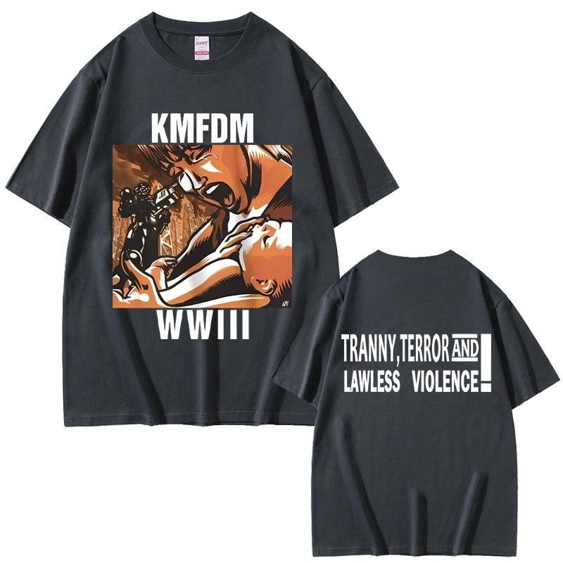Hardcore Alternative Rock Kmfdm Wwiii Tranny Terror and Lawless Violence Graphic Tshirt Men Vintage Oversized T Shirts