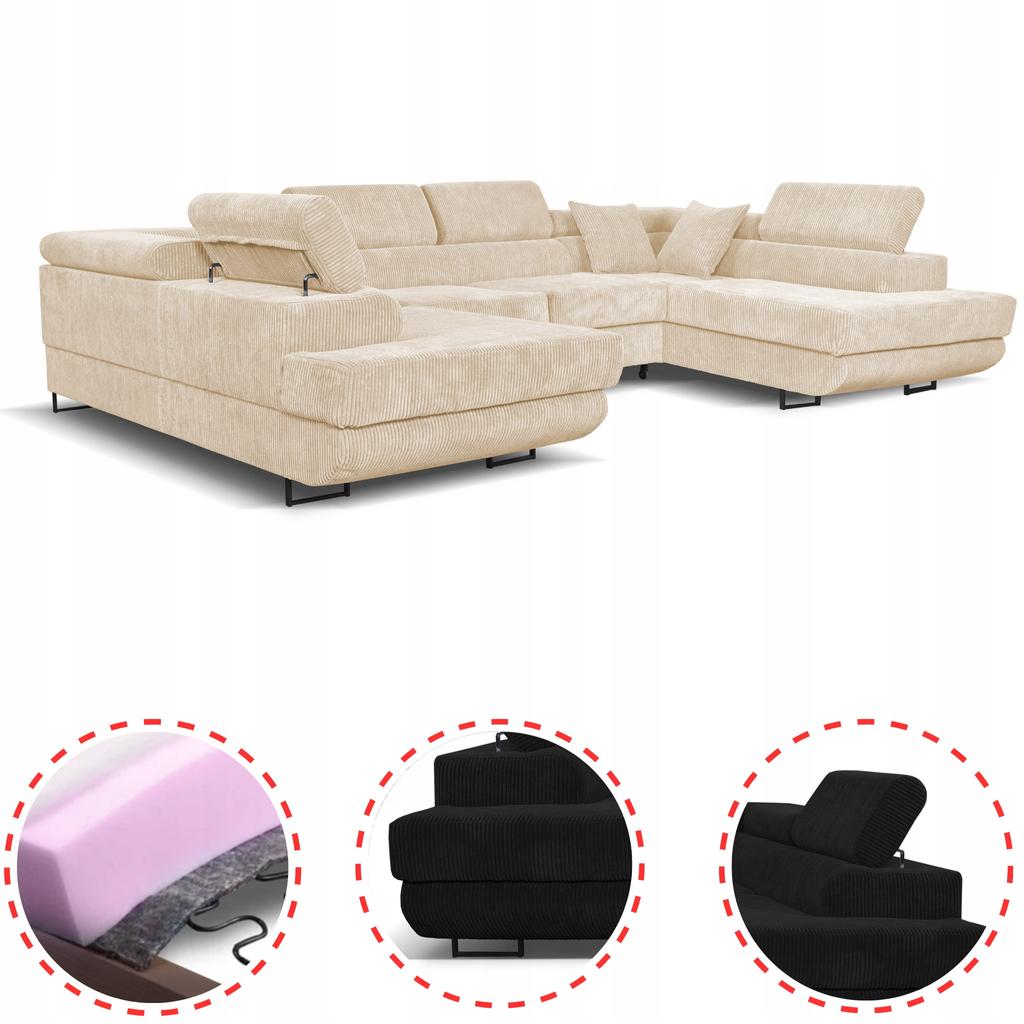 U-shaped Corner Sofa Bed, Extendable F. Savio Family Furniture Beige Corduroy