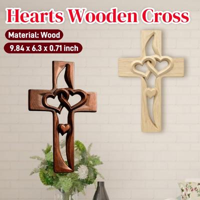 Handcarved Wood Cross with Intertwined Hearts Easy To Hang Marriage Cross Hand Made Hanging Art Decor Grift for Wedding