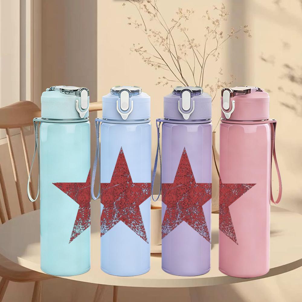 1PC Red five point star minimal print 750ml colorful plastic sports water bottle leakproof pop up lid with straw for outdoor work home use