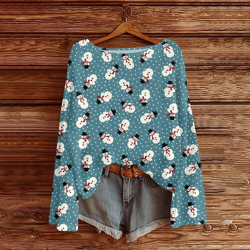 Damen Modische Oversized Strickware Langärmeliges Oberteil mit Weihnachtsdruck