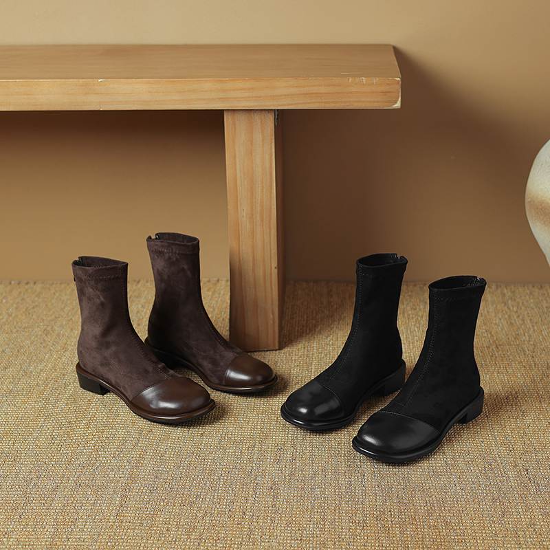 Krazing Pot Flock Autumn Winter Shoes Low Heels Size 43 Stretch Boots Back Patch Work Street Wear Elastic Ankle Boots