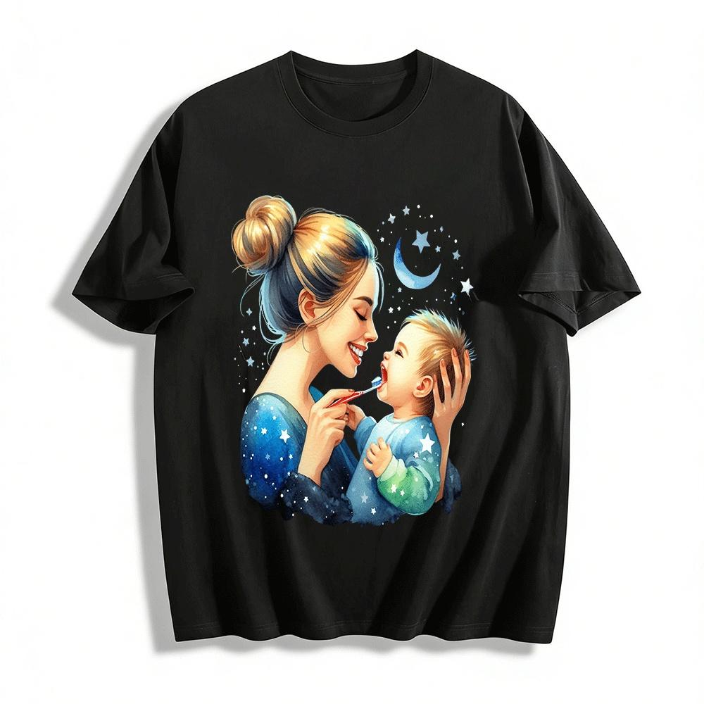 Warm Parent-child Brushing Print Casual Top For Adult & Kid Pure cotton T-shirt XXS