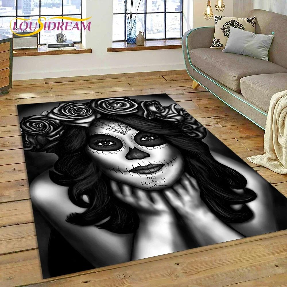 Skull Dead Girl Gothic Horror Female Rose Carpet Rug for Bedroom Living Room Home Sofa Decoration,Kid Game Large Decor Floor Mat