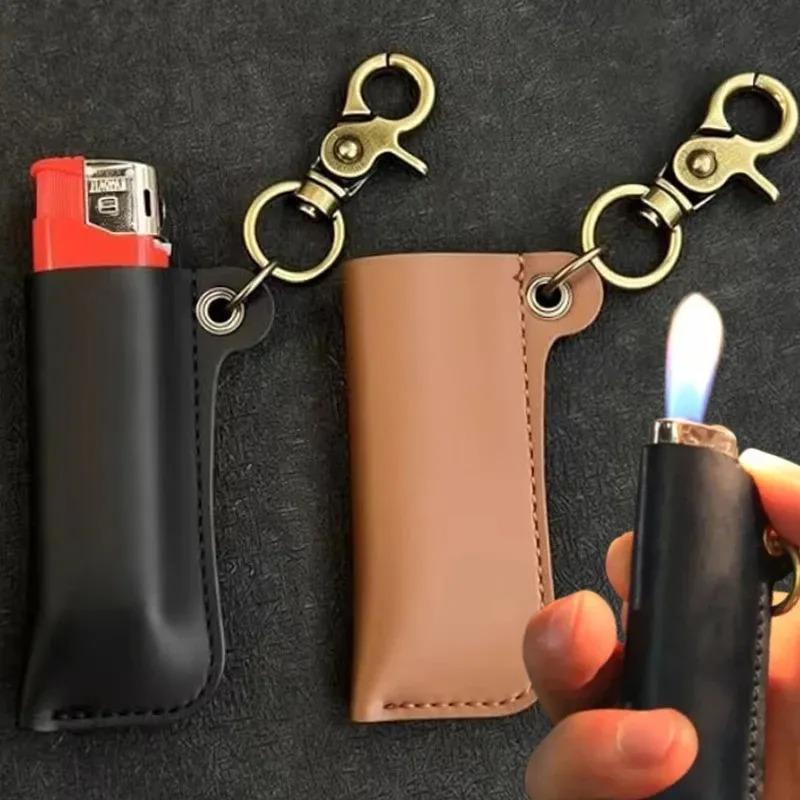 PU Leather Vintage Lighter Case Keychain Portable Retro Cigarette Lighter Pouch Holder Pendant for Bag Backpack Accessory Gift