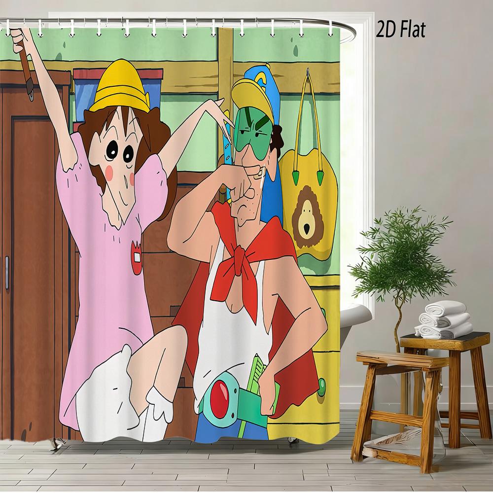 Crayon Shin-Chan Ufo & Shiro 2D Print Waterproof Shower Curtain, Green Anime Bathroom Decor With Hooks