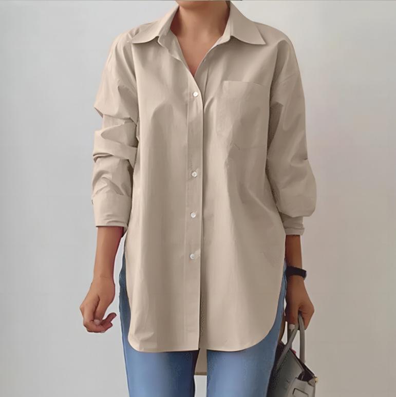 Elegancka Bluzka Wiosenna Stylowa Damska Koszula z Kołnierzykiem Długim Rękawem Luźne Jednolite Rozcięty Dół Top Oversize OL Koszula Robocza Bluzki