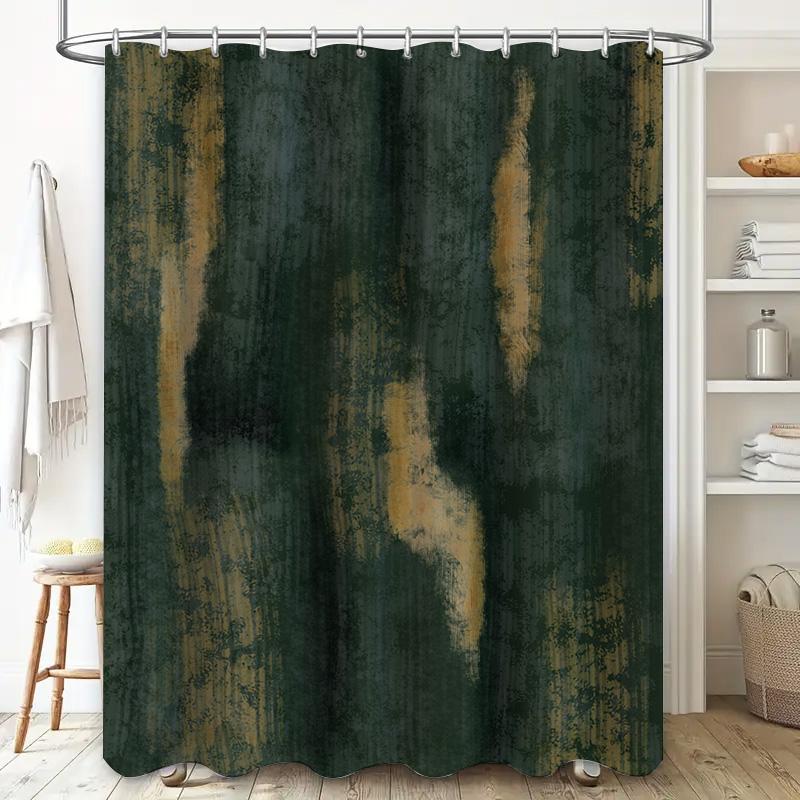 Green And Golden Abstract Pattern Waterproof Bathroom Shower Curtain, Durable Fabric With Hooks For Easy Installation Perfect Ad