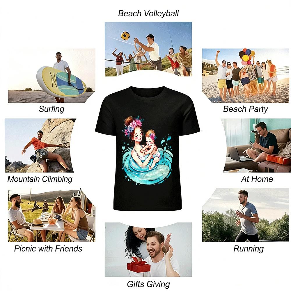 Warm Parent-Child Swimming Time Print Casual Adult T-Shirt Pure Cotton T-shirt