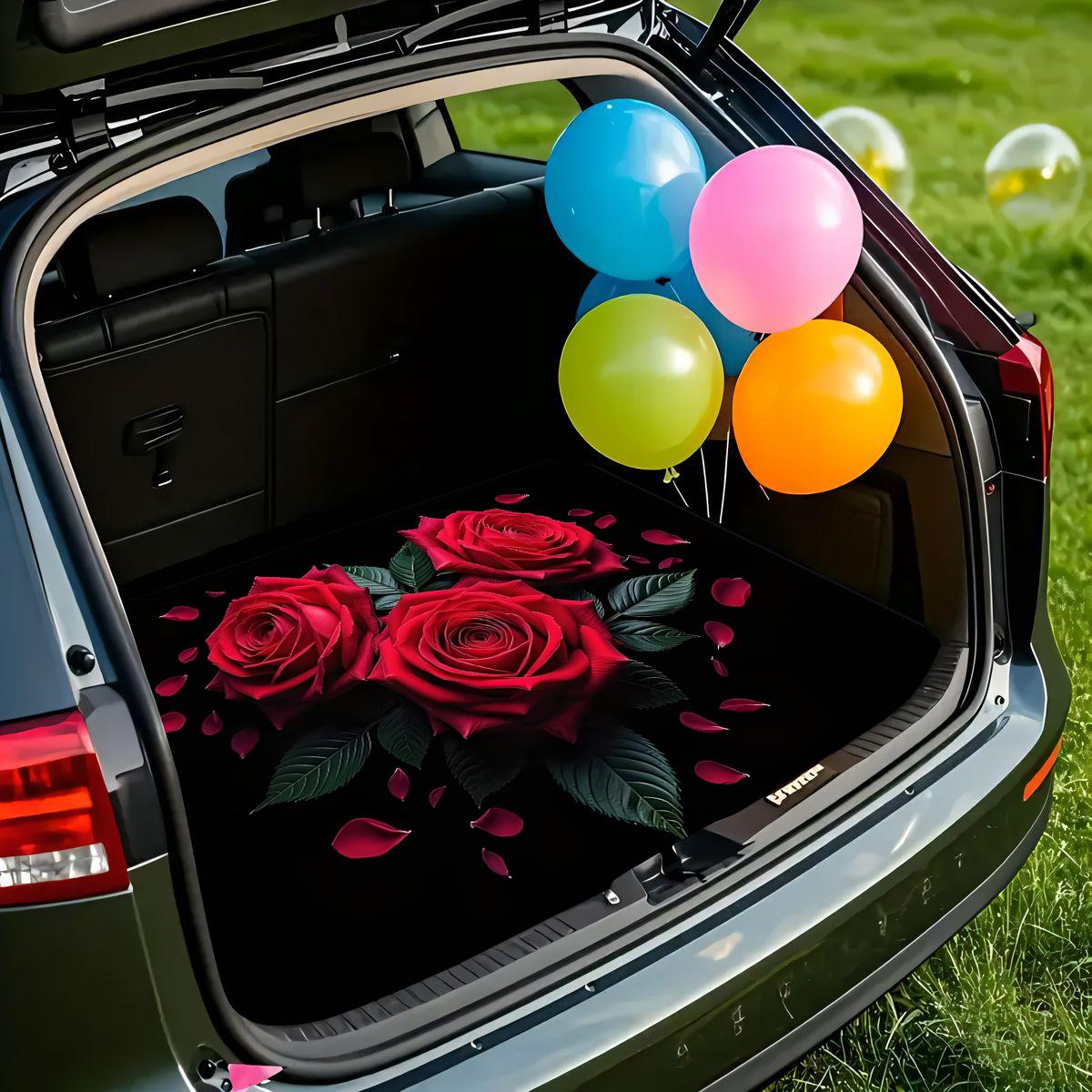 1pc Anti-Slip Fashion Car Trunk Mat Black Base with Red Rose Heart Floral Pattern Design - Durable Polyester Material Keeps 75*100cm