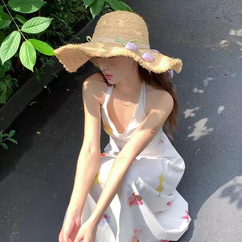 Japanese and French Sweet Tulips Straw Hat Sun Protection Big Brim Sun Protection Lafite French Big Brim Straw Hat
