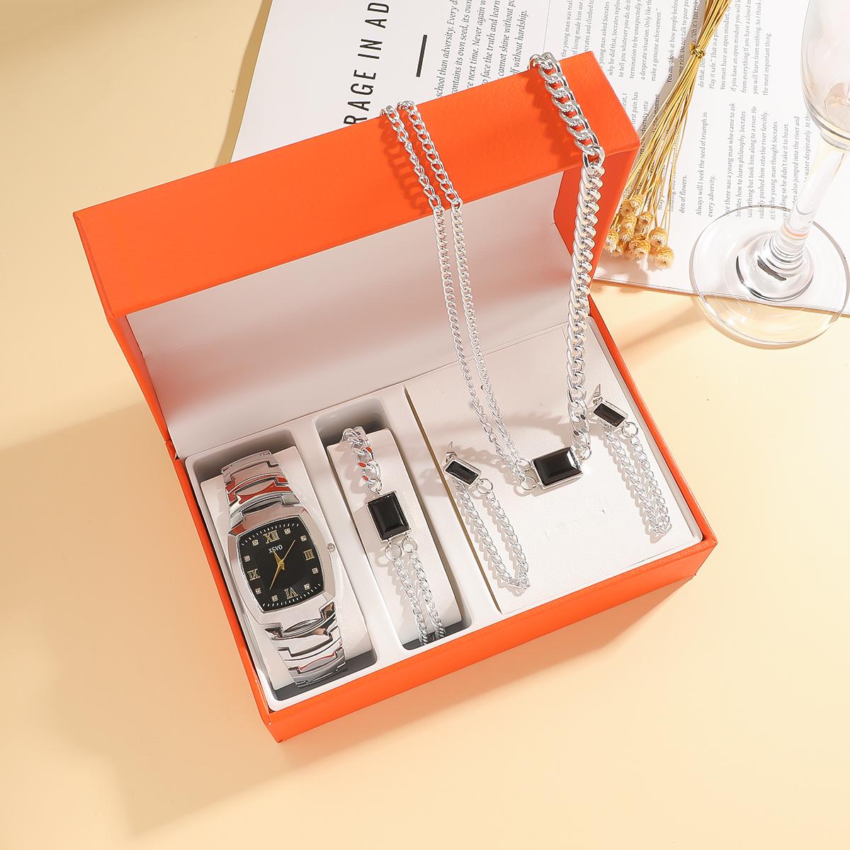 

New Fashionable Square Watch Style without Gift Box, Women s Quartz Handband Jewelry Four Piece Set серебряный