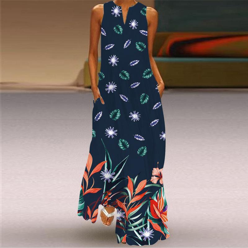 Robes imprimées pour femmes, style Boho, sans manches, col en v, longue, décontractée, ample, plage, fête, Maxi, été