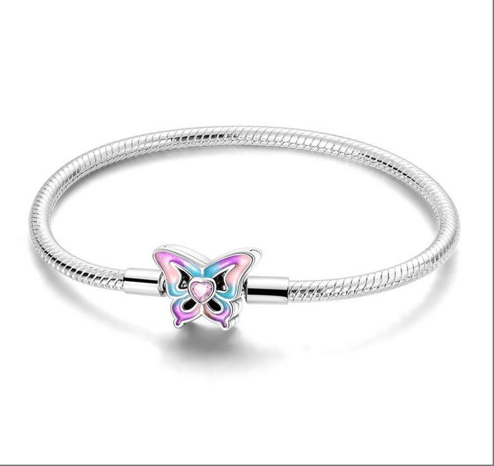 Heart Shaped Zircon Butterfly Base Bangle Single Wear Copper Silver Plated Colorful Snake Bone Bracelet