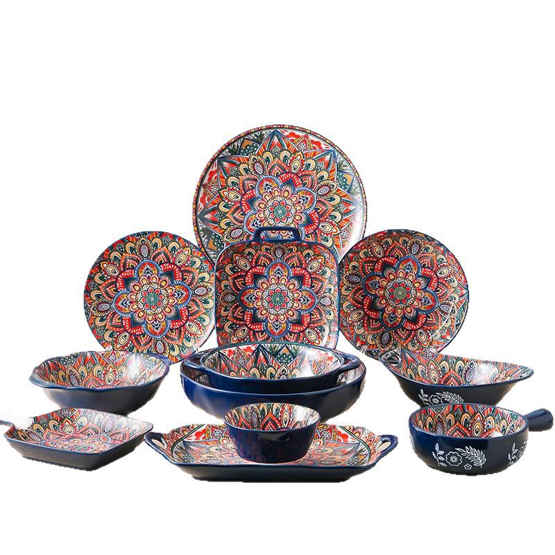 Blue Bohemian Porcelain Microwave-Safe Rice Bowl and Plate Set