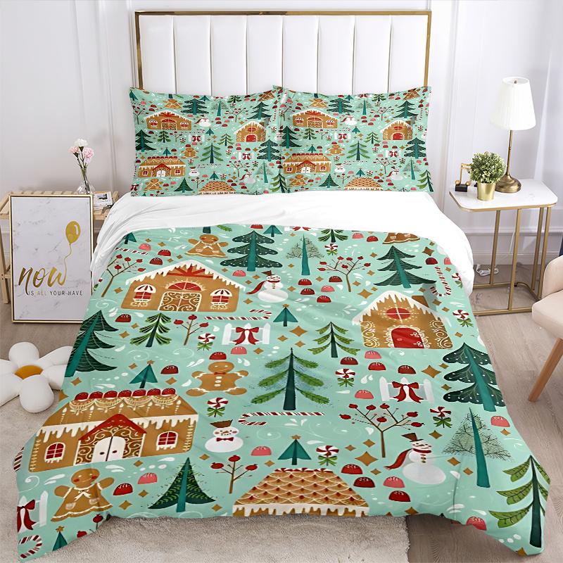 3pcs Christmas Holiday Gift, Gingerbread House Bedding Set with 1 Quilt Cover and 2 Pillowcases (No Core), Festive Decorative Polyester Fabric