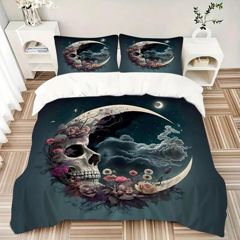 3pcs Moonlit Skull Quilt Set - Soft and Comfortable Bedroom, Guest Room and Dorm