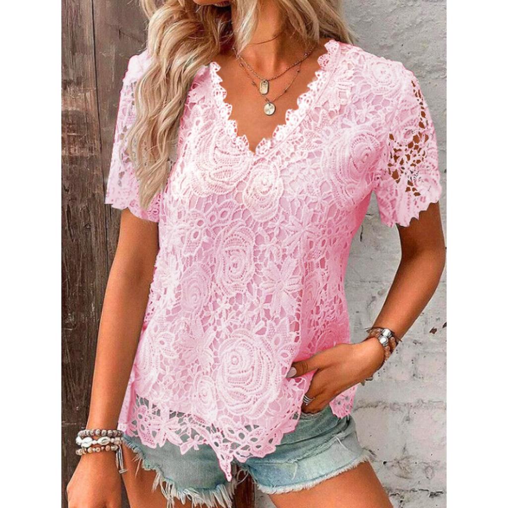 Summer New Arrival Elegant V-neck Short Sleeve Lace Top T-shirt