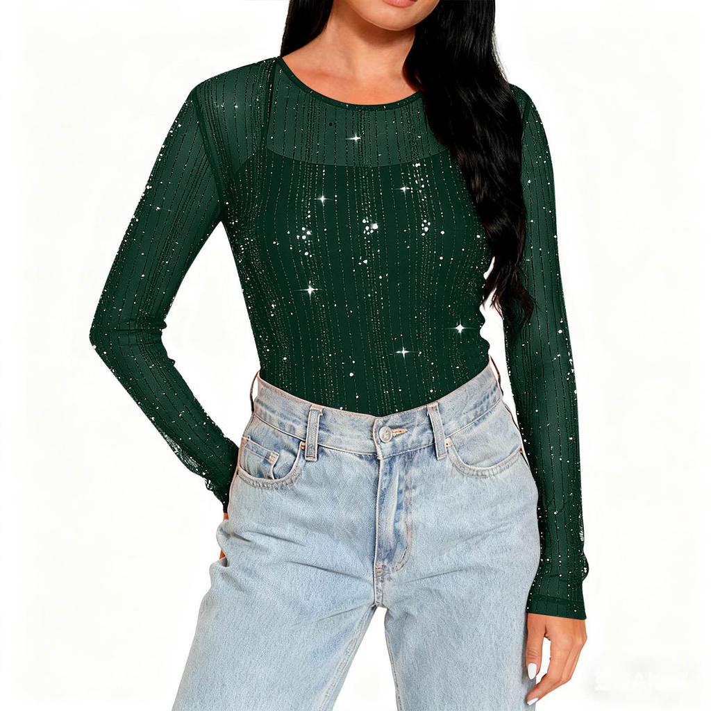 Women's High-Neck Sequin Long Sleeve Top - Spring/Autumn 2026, Stylish & Transparent Inner Layer
