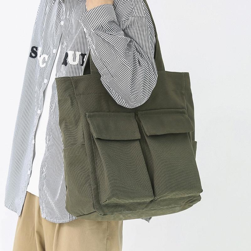 IELGY korean version multi-pocket large-capacity literary solid color diagonal canvas bag for women