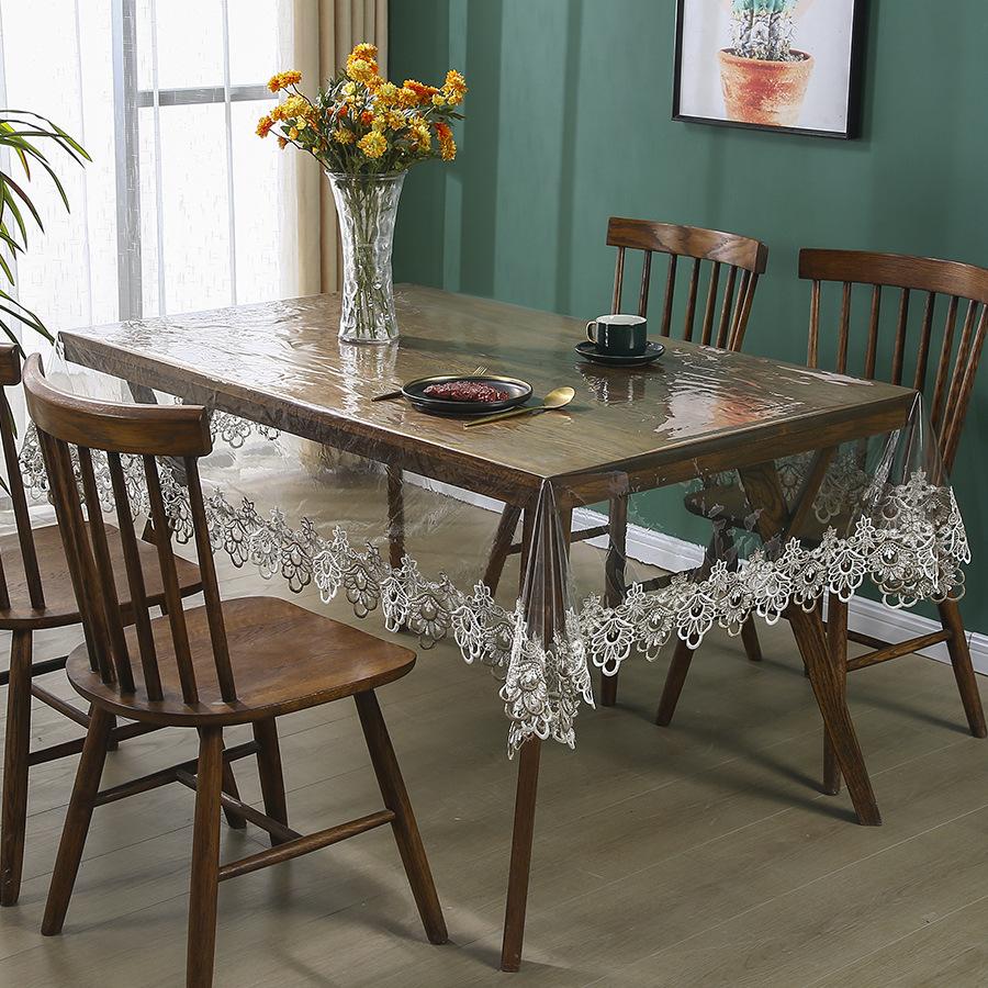 PVC No-rinse Lace Trim Tablecloth Waterproof and Oil Resistant Household Coffee Table Wear-resistant and Anti Slip Tablecloth for Dining Tables