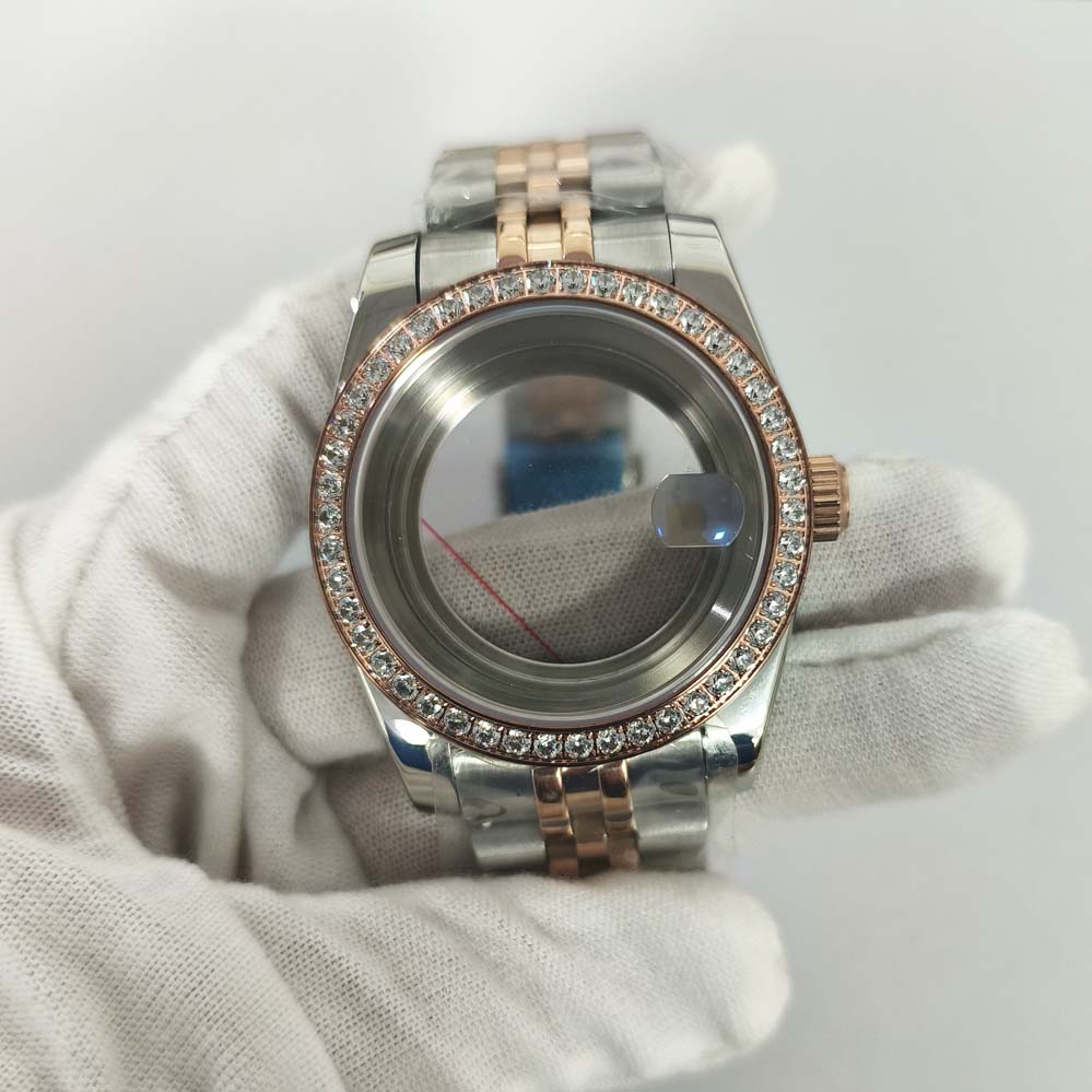 

36/39mm Middle Rose Gold Diamond Inlaid Watch Case Sapphire Glass Stainless Steel Strap Watches Parts for NH35 NH36 4R Movement 39mm
