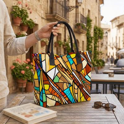  Stylish Stained Glass Pattern Tote Bag Large Capacity Casual Daily Carry Handbag for Women