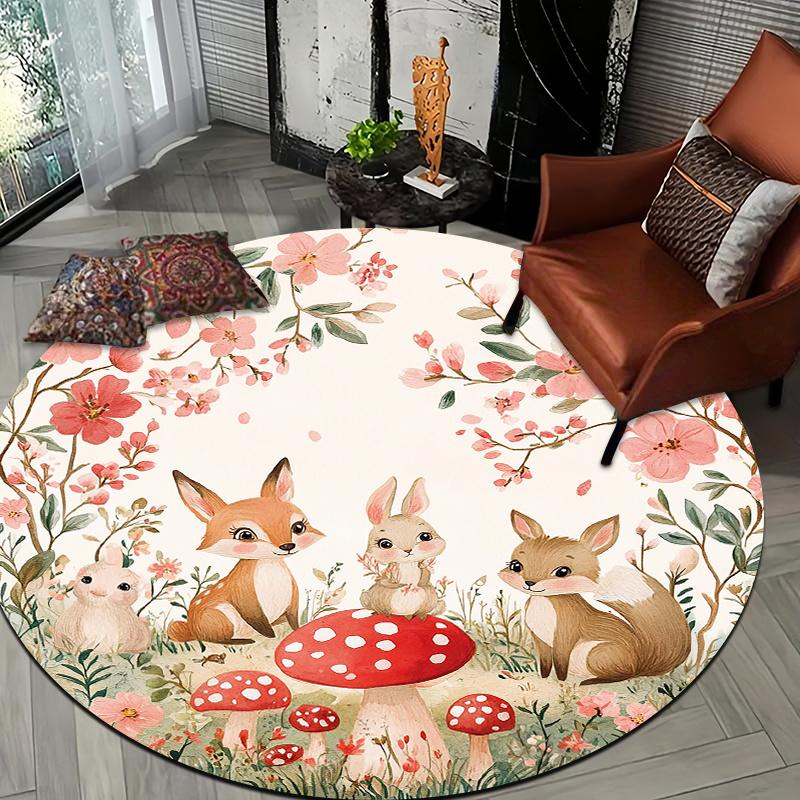 Forest animals and mushrooms Flannel-printed round floor mats are slip-resistant Suitable for living room terrace garden carpets
