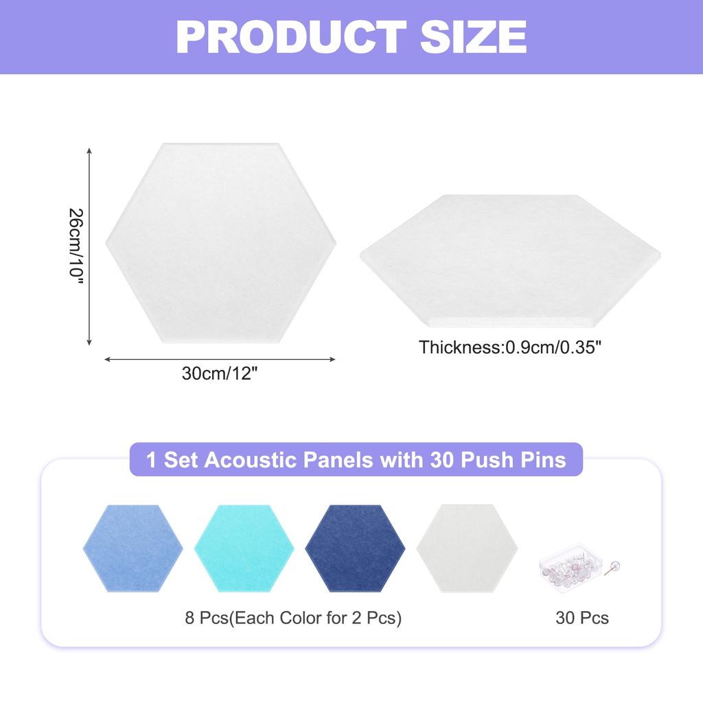 8Pc Hexagon Acoustic Panels 30x26cm B1 Fireproof Soundproof Foam Panels with 30 Push Pins for Wall Decoration Home Studio Office