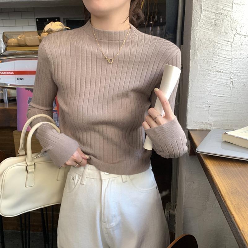 Spring High-end Slim-fit Short Inner Temperament Semi-turtleneck Long-sleeved Knitted Bottoming Shirt Women's Pit Strip Sweater