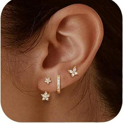 18K Gold Butterfly Flower Zircon Earrings - Single Ear 3-Piece Set for Women