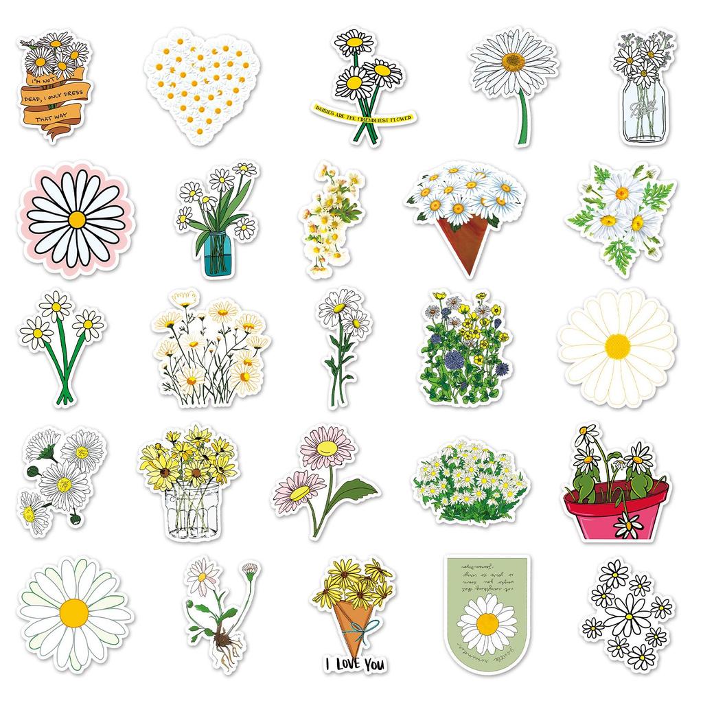 50 Cute Daisy Cartoon Flower Stickers - DIY for Phone Cases or Luggage, 50 Sheets