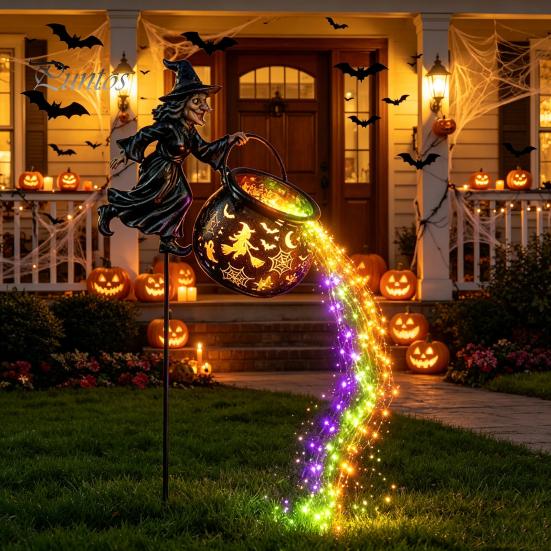 Landscape Decor for Windowsill Halloween Witch Garden Stake Light Outdoor Decoration, 33.5 Inch Waterfall-Style Metal Lighting Lawn Cauldron Ornament,