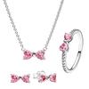 925 Silver Pink Bow Jewelry Set Ring Earrings Bracelet Necklace for Women Birthday Gift