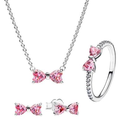 925 Silber Rosa Schleife Schmuckset Ring Ohrringe Armband Halskette für Damen Geburtstagsgeschenk