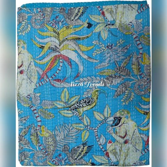 Aizza Trends Handmade Pure Cotton Monkey Print Kantha Quilt  - Traditional Look Bed Spread Kantha Gudri - Vintage Hand Stitch Gudri