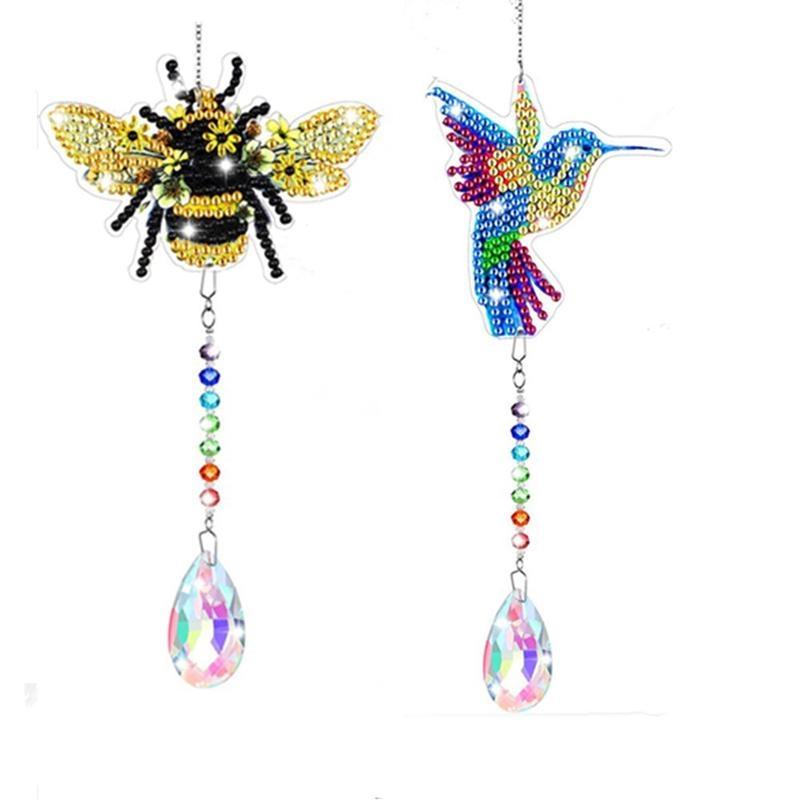 1 Juego de nuevo kit de colgante de pintura de diamante, libélula, lobo, sol, mariposa, pájaros, abejas, arte, carillón de viento, colgante, decoración del jardín del hogar, 5 estilos