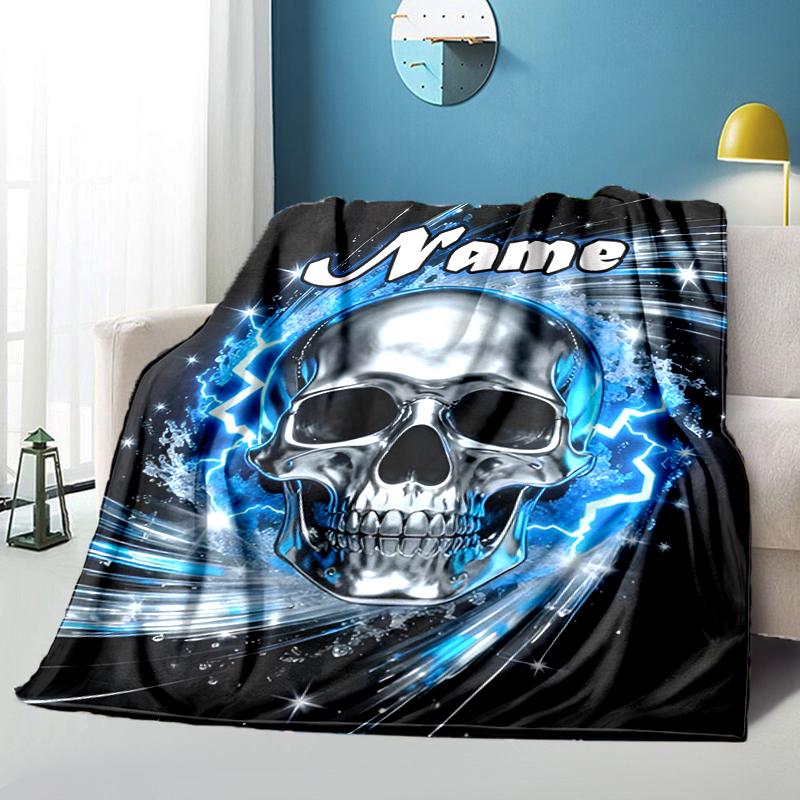 1PC Custom Name Electric Skull Artwork Outdooor Flannel Blankets Throw Blanket All-Season Throw Gift Bedspread for Couch, Bed, Camping Holiday Birthda