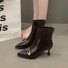Fashion Winter New Thin Heel Cotton Boots Women's Pointed Metal Buckle Back Zipper Anti-slip Wear-resistant Short Boots
