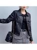 Women's Petite High-Waisted Short Leather Jacket for Autumn/Winter 2025: New Arrival Lapel Motorcycle Outerwear