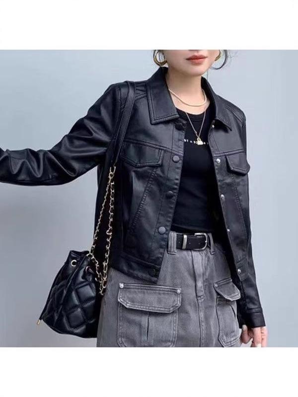 Women's Petite High-Waisted Short Leather Jacket for Autumn/Winter 2025: New Arrival Lapel Motorcycle Outerwear
