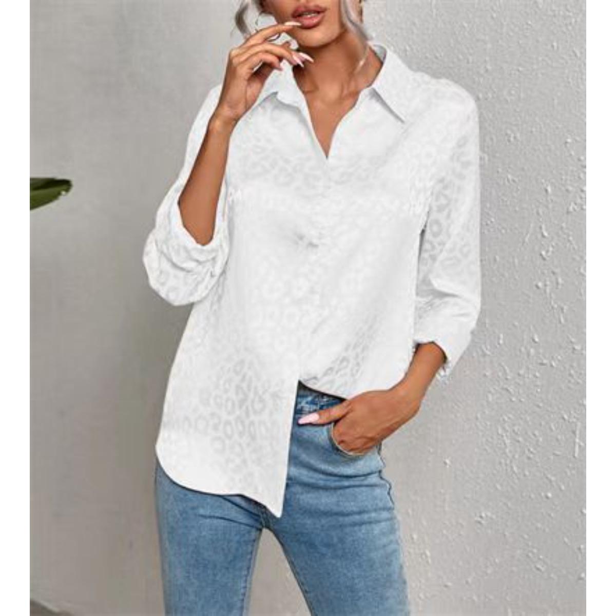 

Women s Long Sleeve Lapel Button-up Leopard Jacquard Blouse Elegant Commute Shirt for European American Cross-border XXL білий