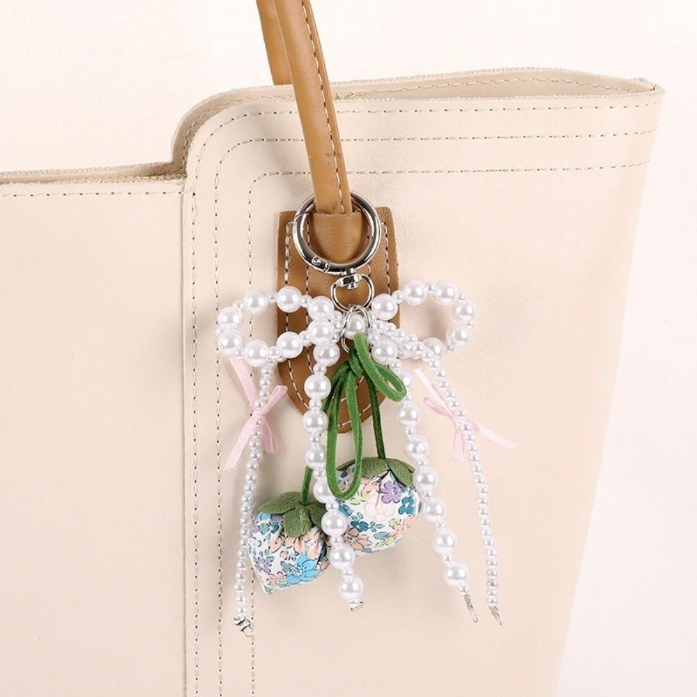 New Ribbon Pearl Strawberry Bow Keychain DIY Jewelry Style Mobile Phone Pendant Bag Charm Pendant Mobile Phone Chain