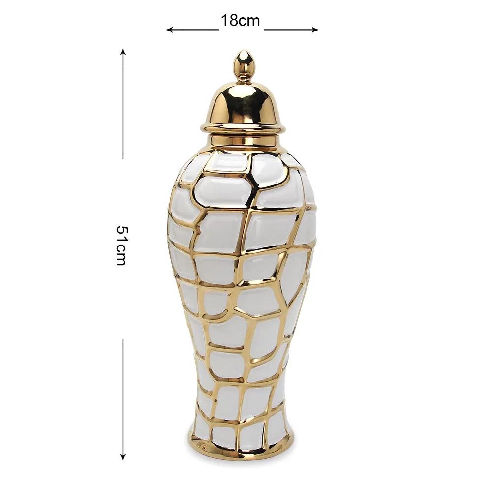 Ceramic General Jar Handmade Ginger Jar Golden Grid Porcelain Candy Storage Jar Art Decorative Tank Vase Home Decoration