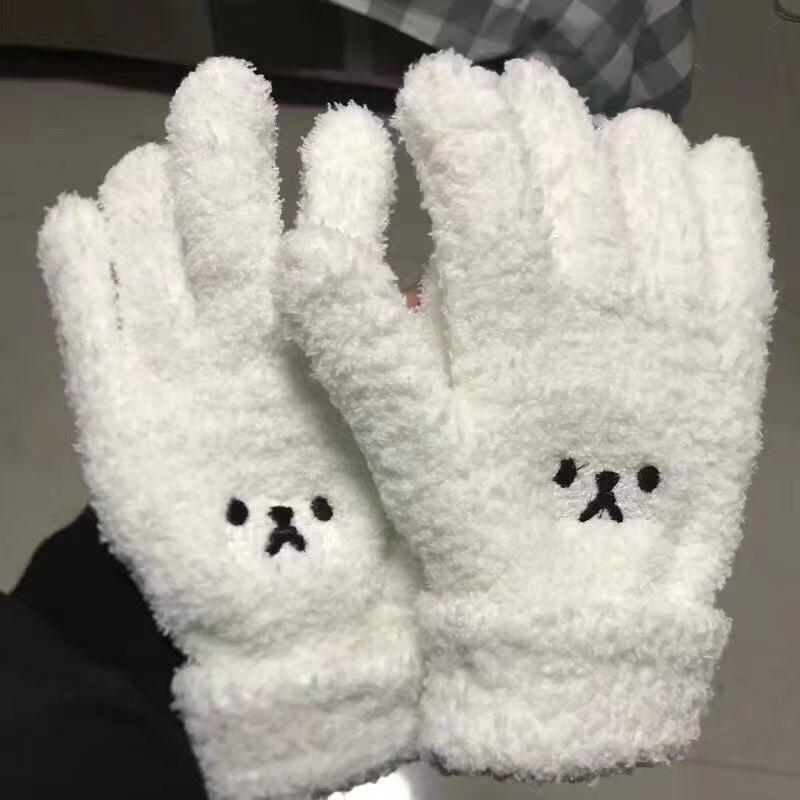 Cute cartoon bear embroidered thickened warm women s winter knit plush gloves, cycling gloves, outdoor warm gloves