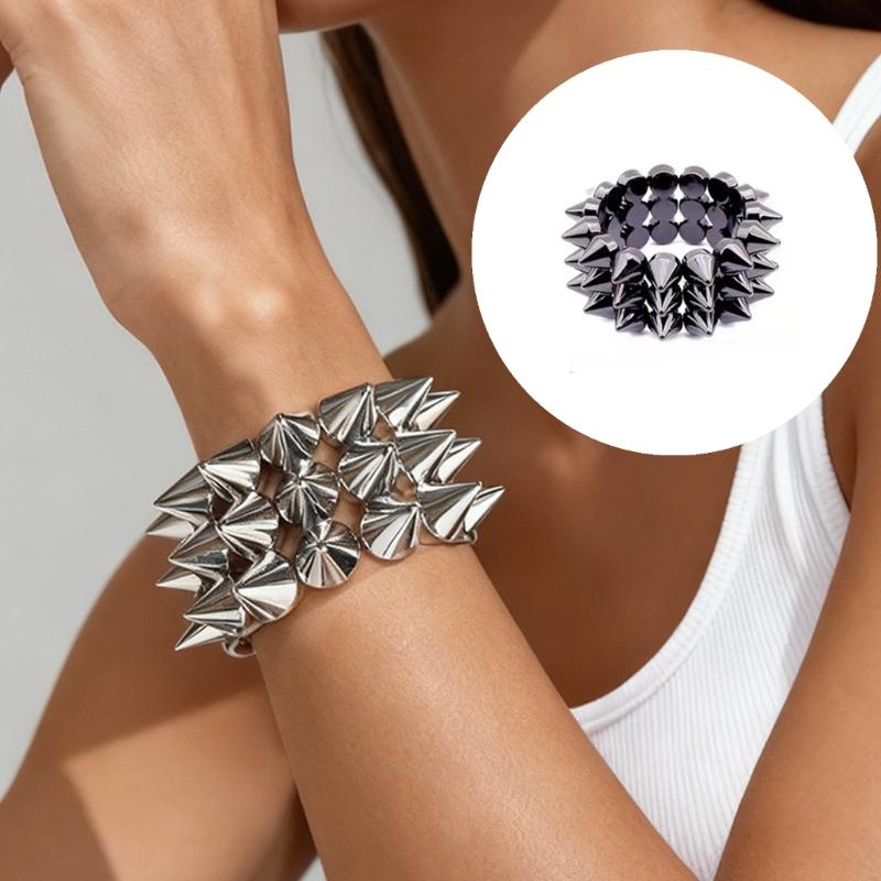 Versatile Occasion Star Rivet Punk Bracelet 3 Layer Elastic Wide Bangle Comfortable Wear for Event and Gatherings