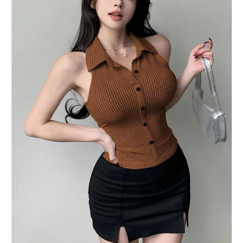 Women Houndstooth Halter Neck Sleeveless Button Down Slim Fit Crop Top XS