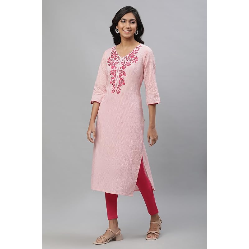 Aurelia Pink Floral Printed Printed Cotton-Rayon Blend Straight Long Kurta for Women M